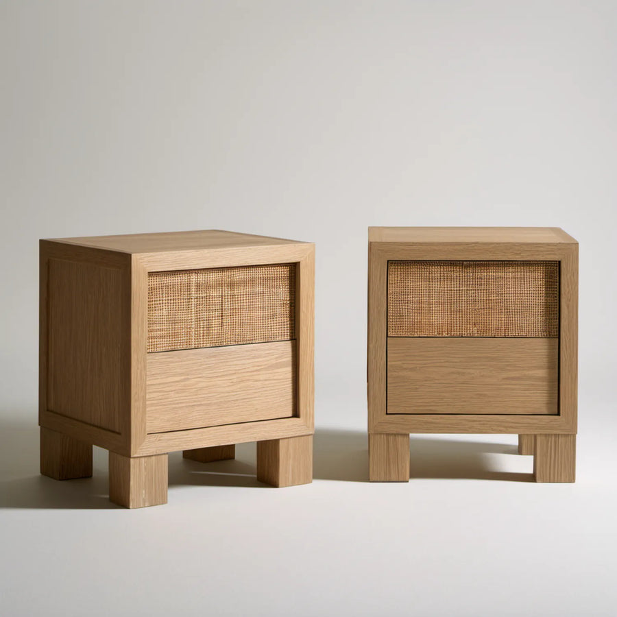 Zestaw 2 stolików nocnych Japandi rattan dąb
