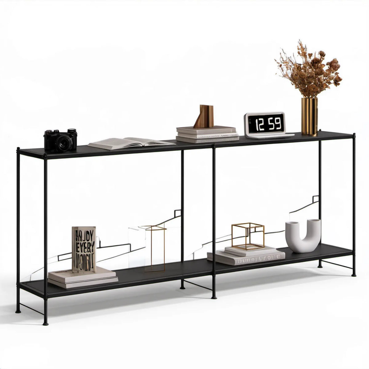 Czarna konsola metalowa z 2 półkami MDF 160 x 30 x 90 cm